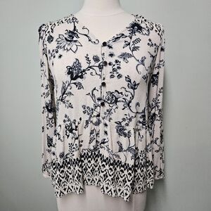 Style and Co. Flowy Romantic Blouse Longsleeve Top Navy/White Print Peasant Sz M